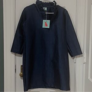 Haley And The Hound Navy Ruffle Neck Shantung Shift Dress Small